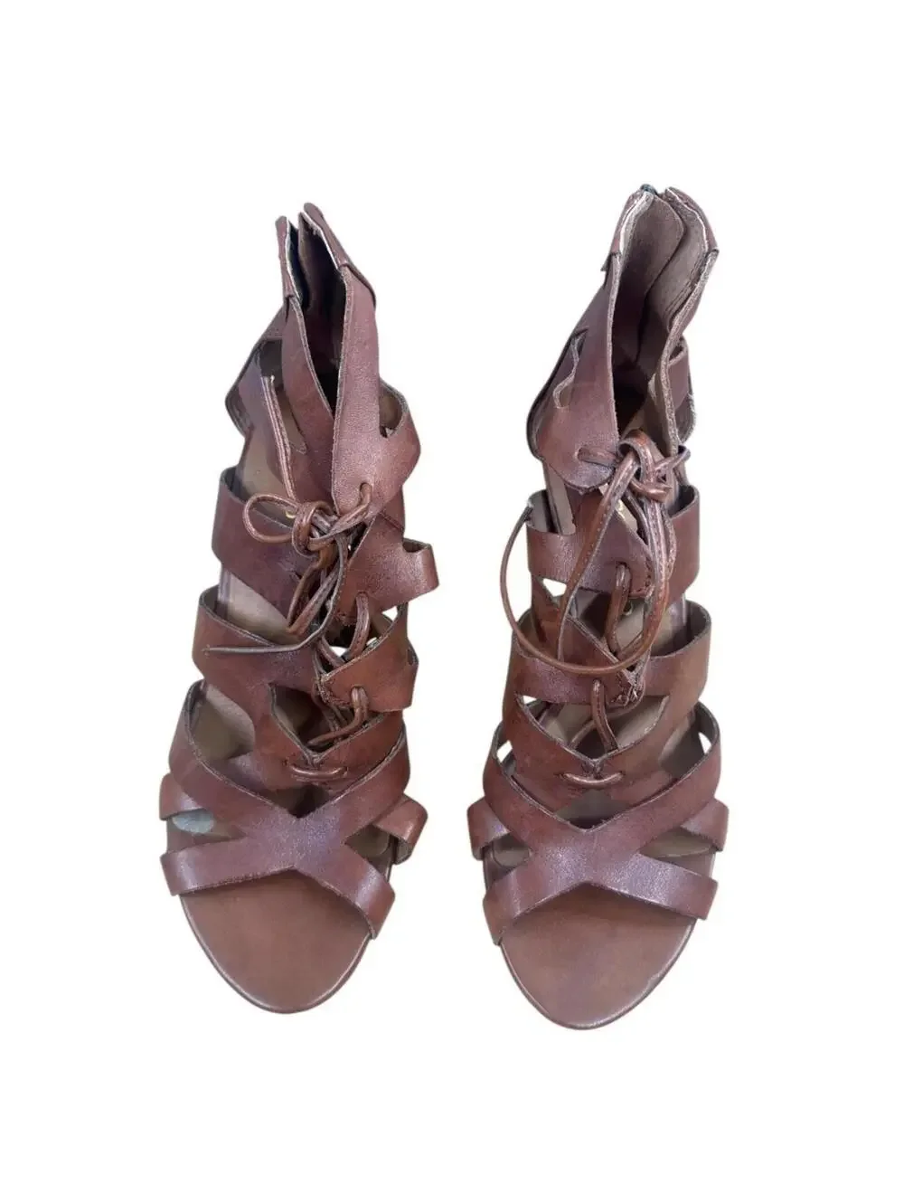 Franco Sarto Lace Up Gladiator Heels Brown Leather
